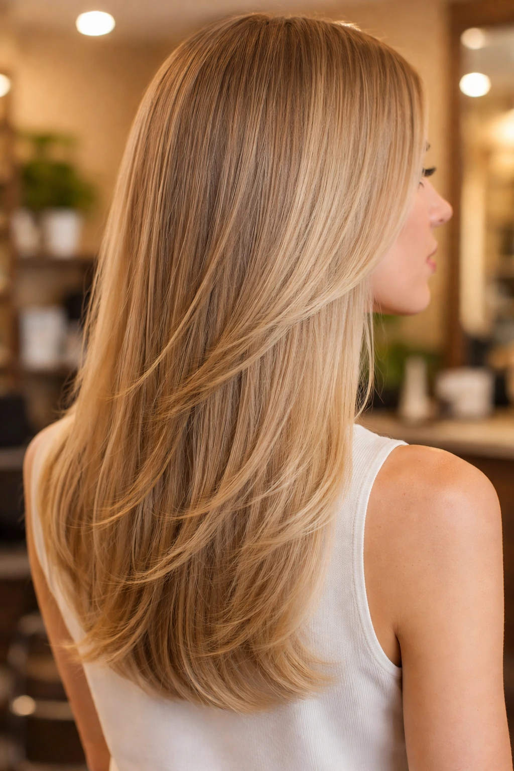 Profile view of a real woman with layered ends hairstyle