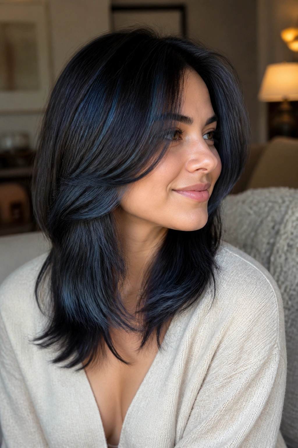 Portrait of a real person showing layered ends with blue-black highlights catching light.