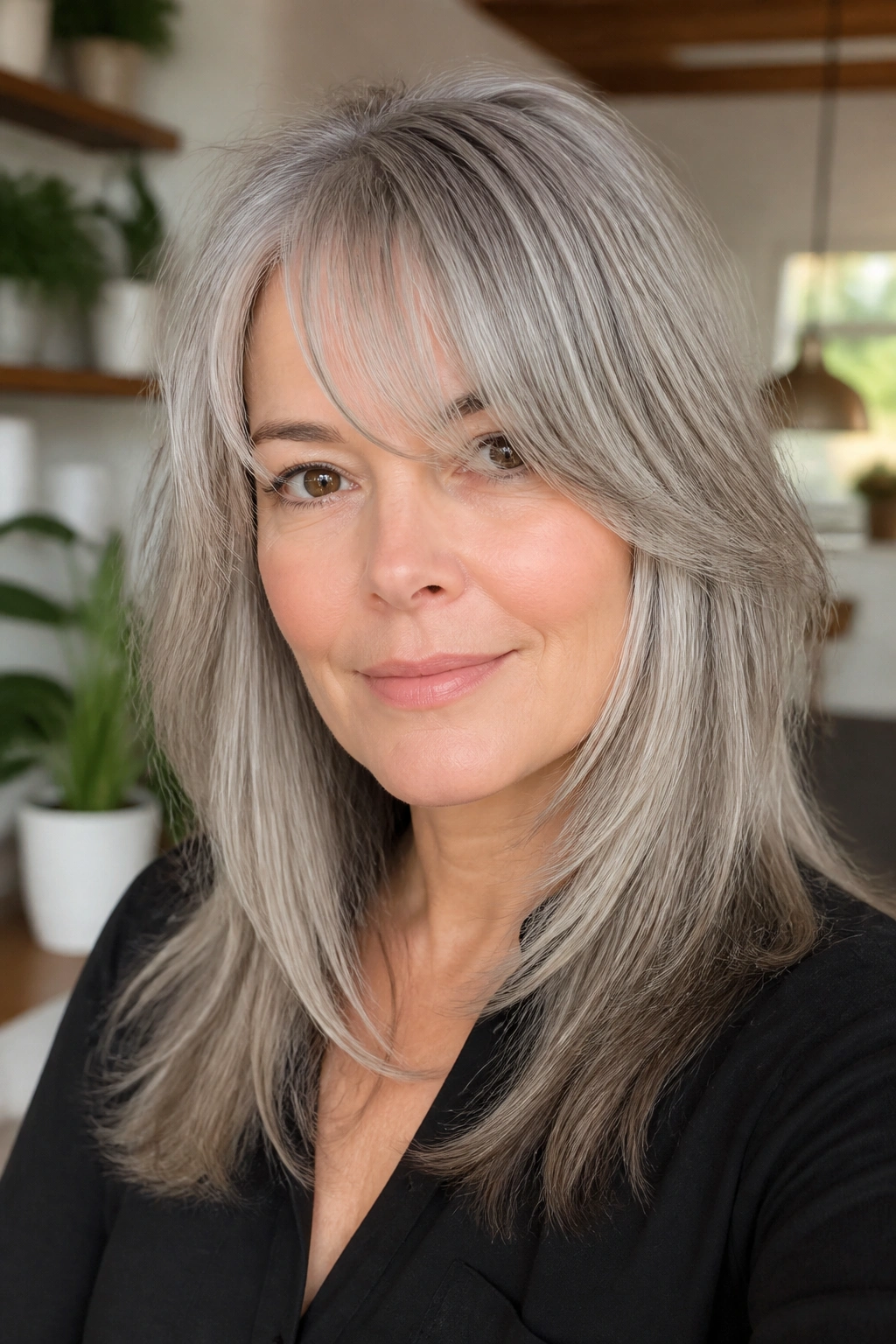 Close-up portrait of a real woman with layered face-framing bangs