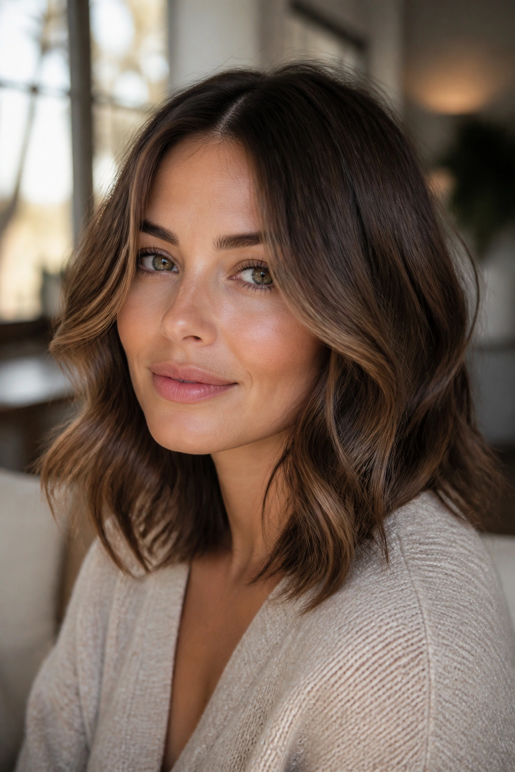 Real woman with layered waves around cheekbones framing her face