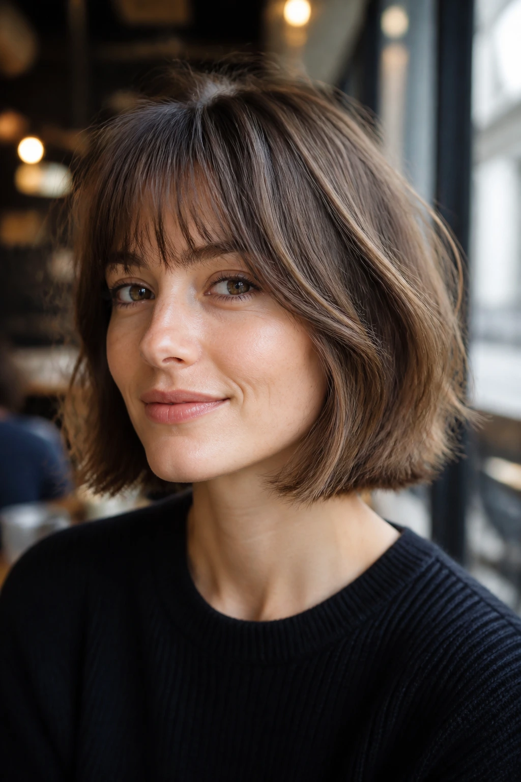 Close-up portrait of a real woman with layered French bob and soft bend
