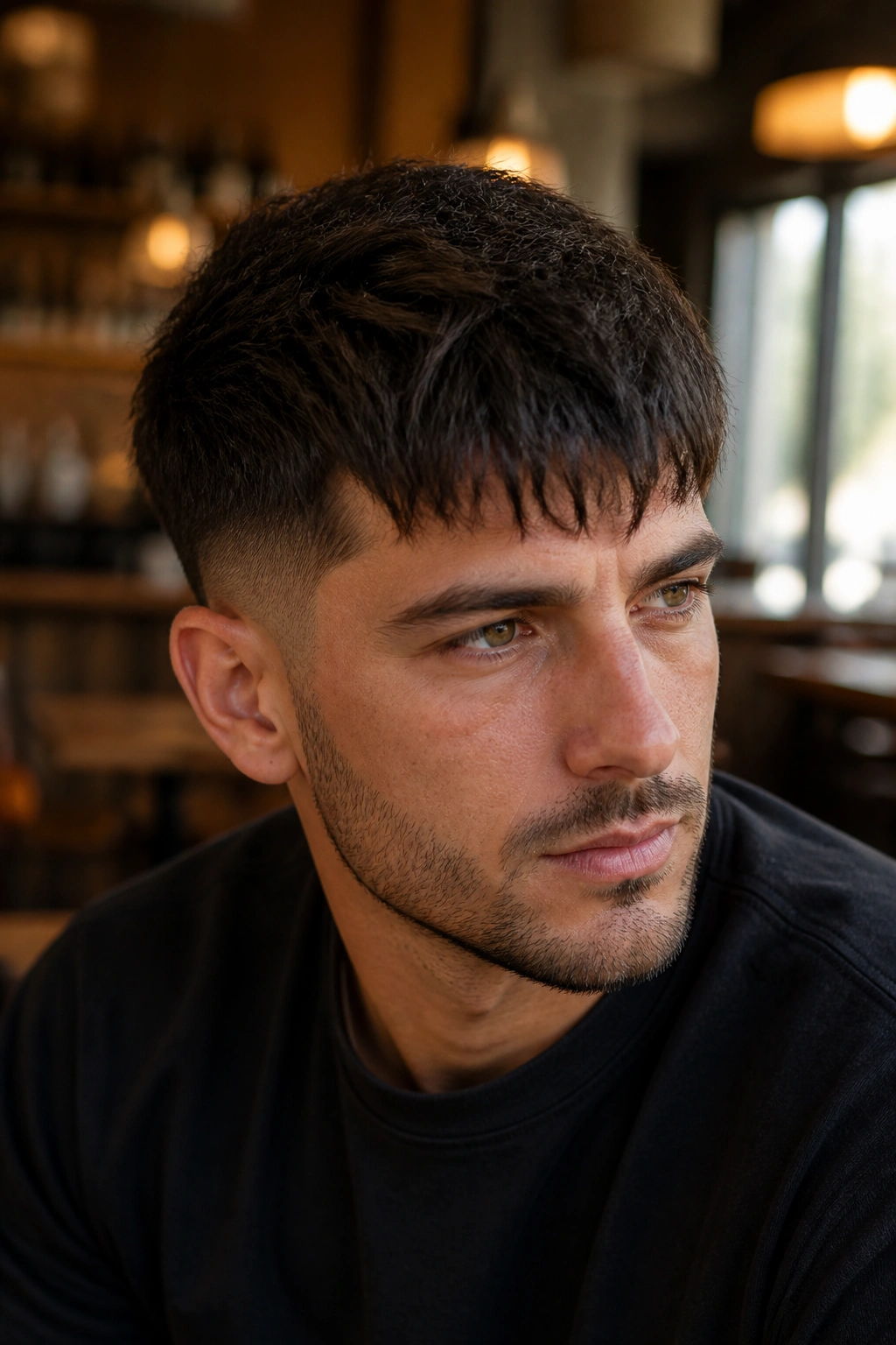 Portrait of a man with layered French crop and choppy fringe.