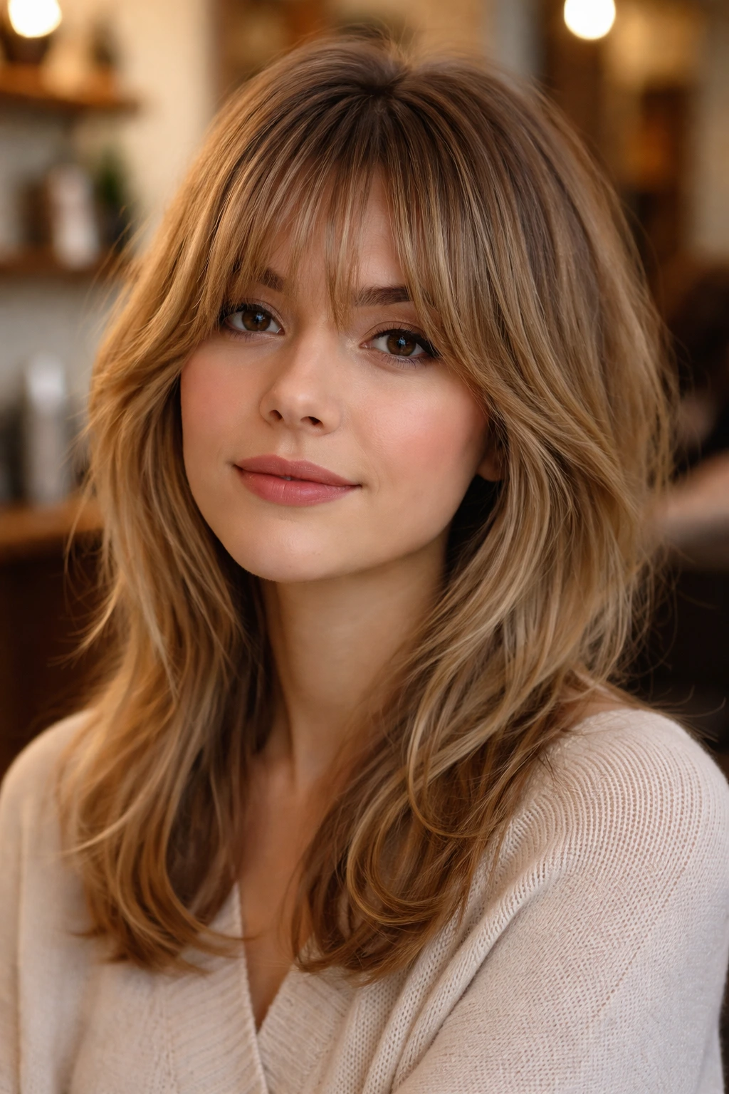 Close-up portrait of layered French fringe on a real person in a cozy salon