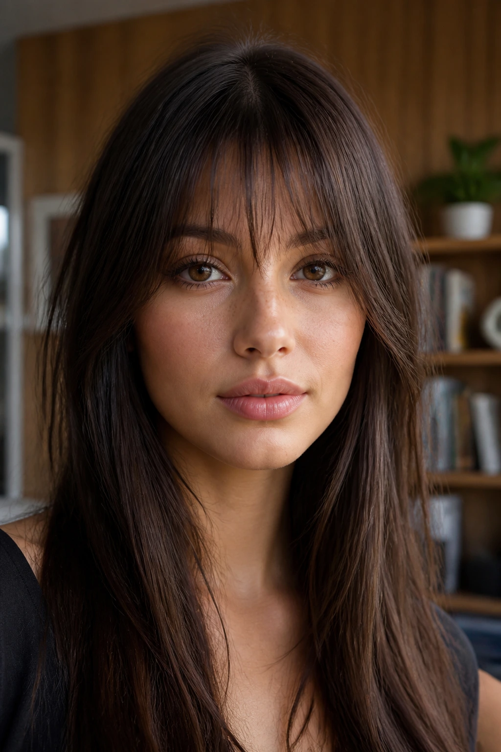 Close-up portrait of a real person with layered fringe blend in a modern interior.