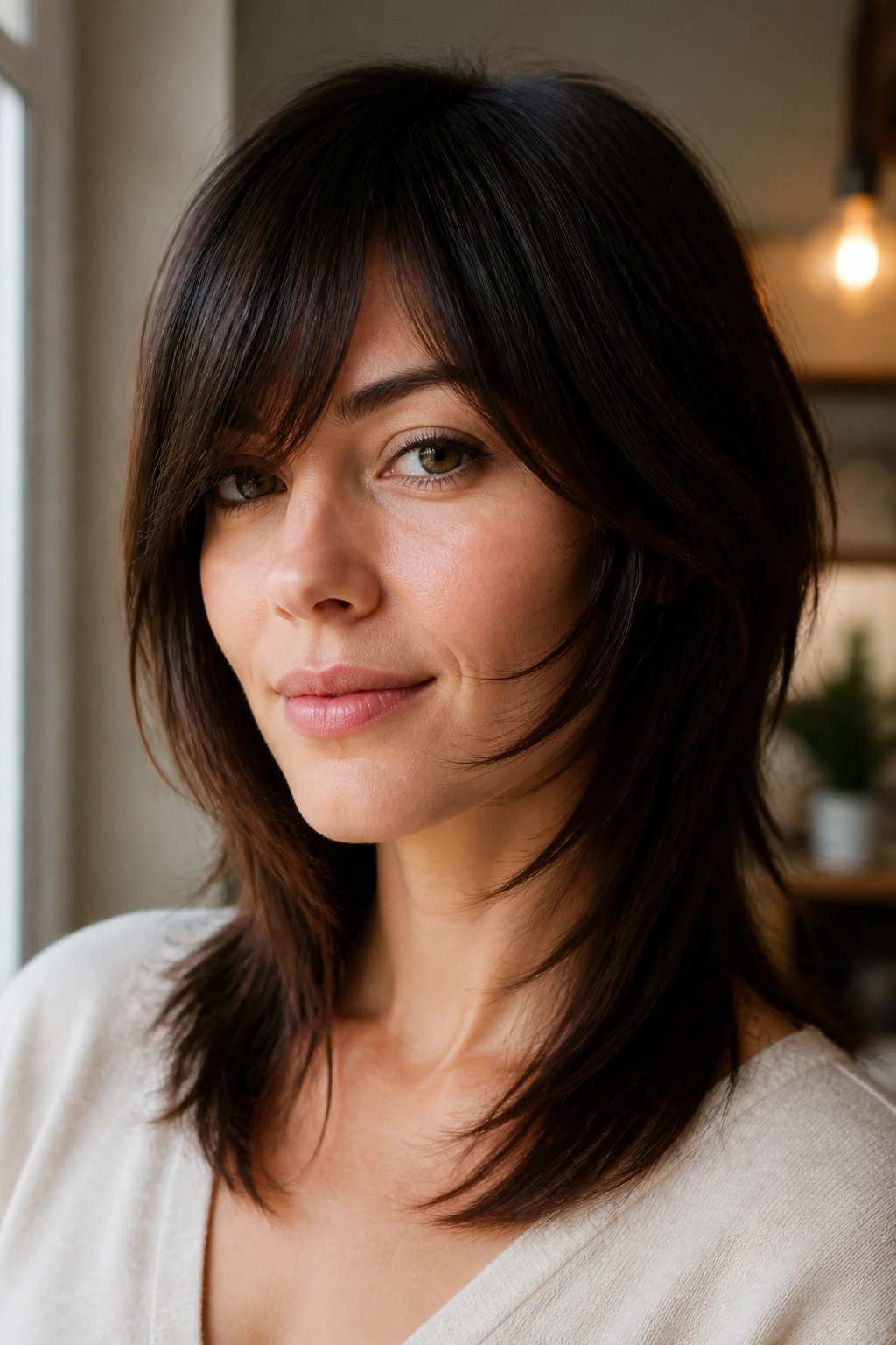 Close-up portrait of a woman with cheekbone-hitting layered fringe in warm side lighting.
