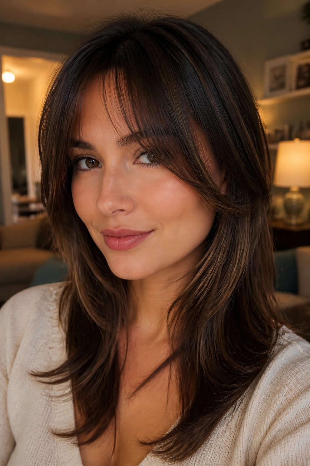Close-up of a real woman with a long layered fringe melting into face-framing pieces
