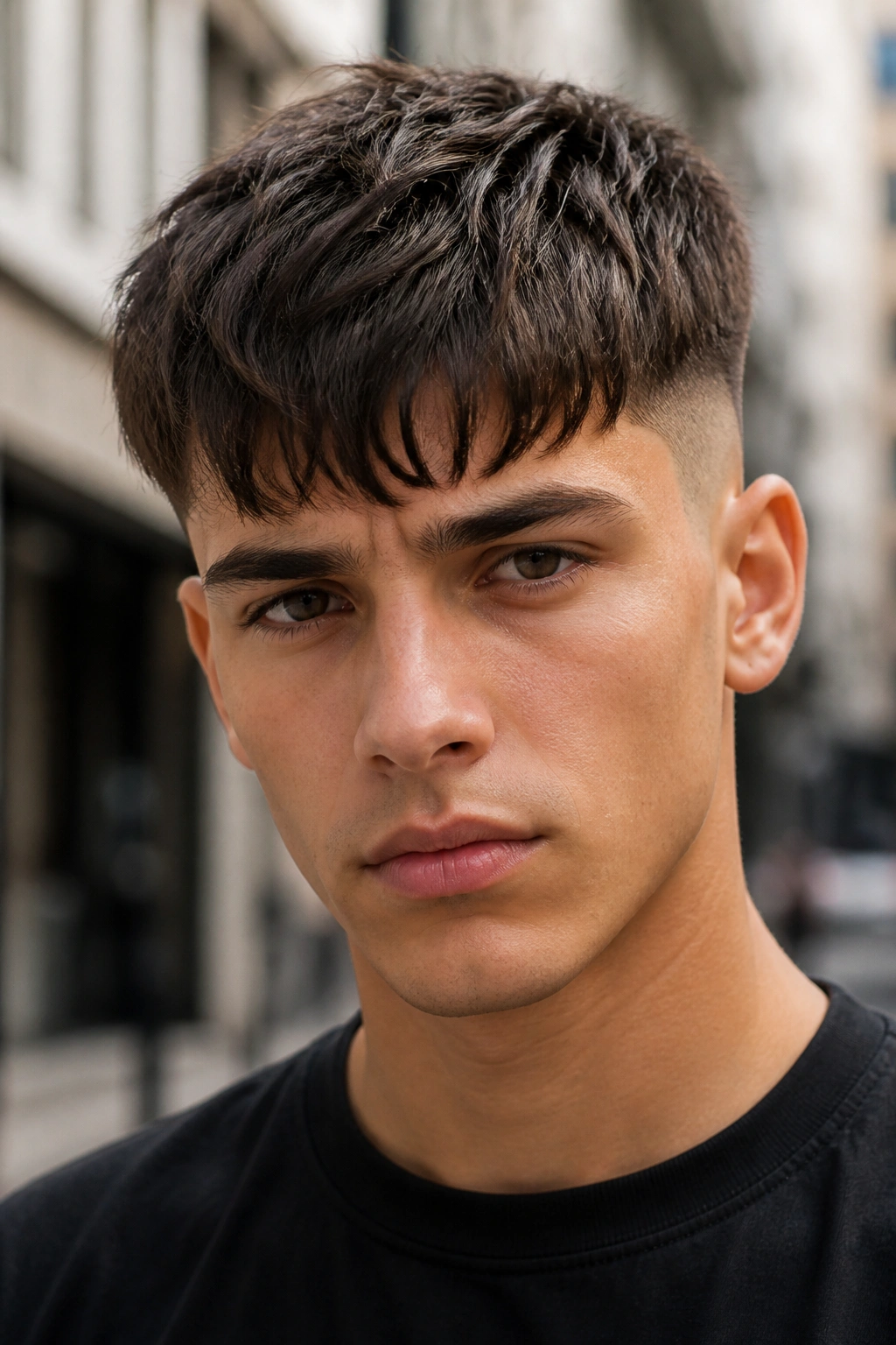 Close-up portrait of a man with layered fringe and fade