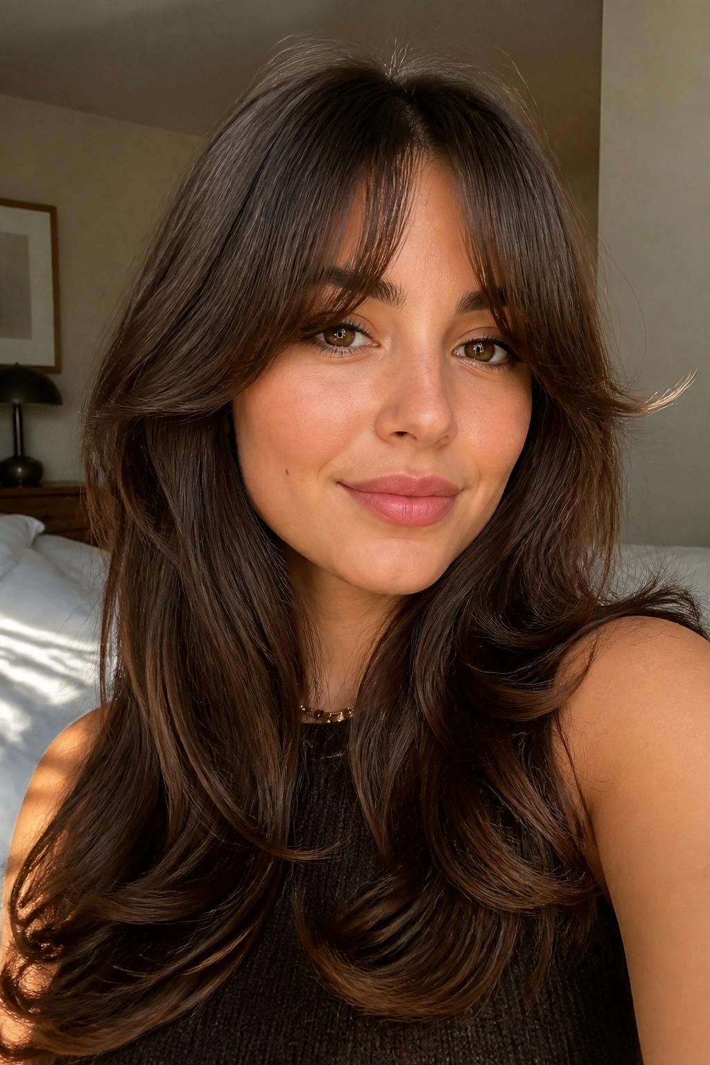 Close-up of a real woman with layered fringe flicked-out ends