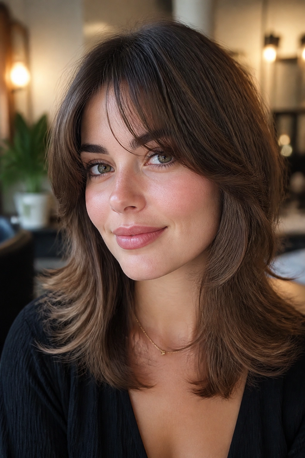Portrait of a woman with layered fringe flipped ends