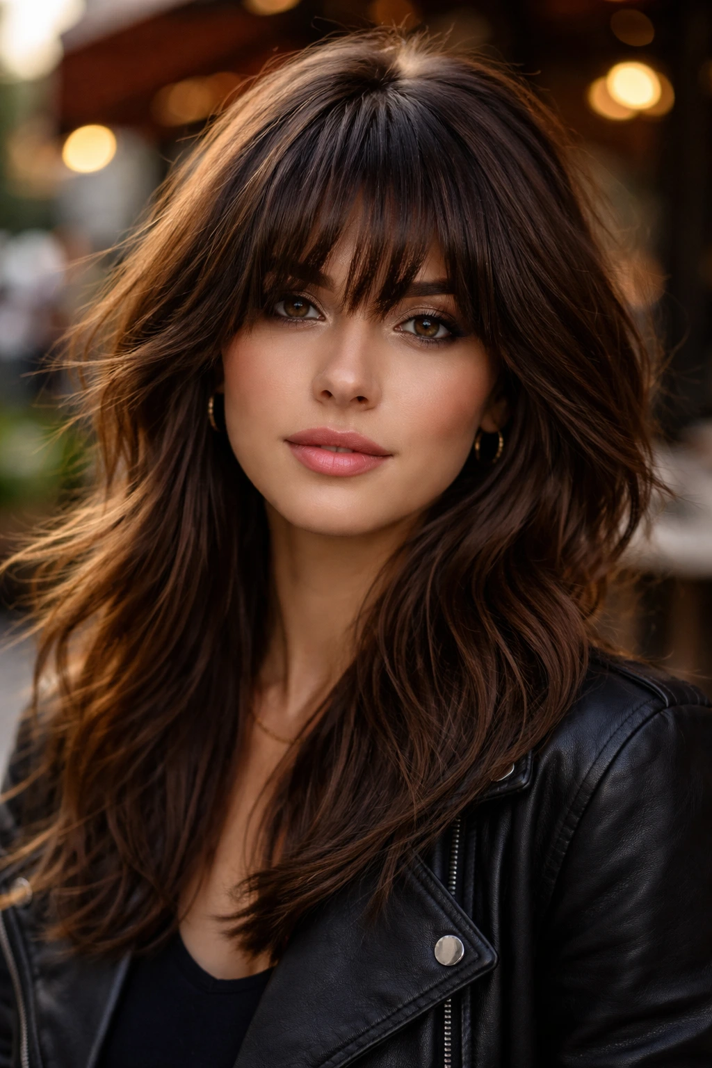Close-up of real person with heavily layered fringe filling the frame