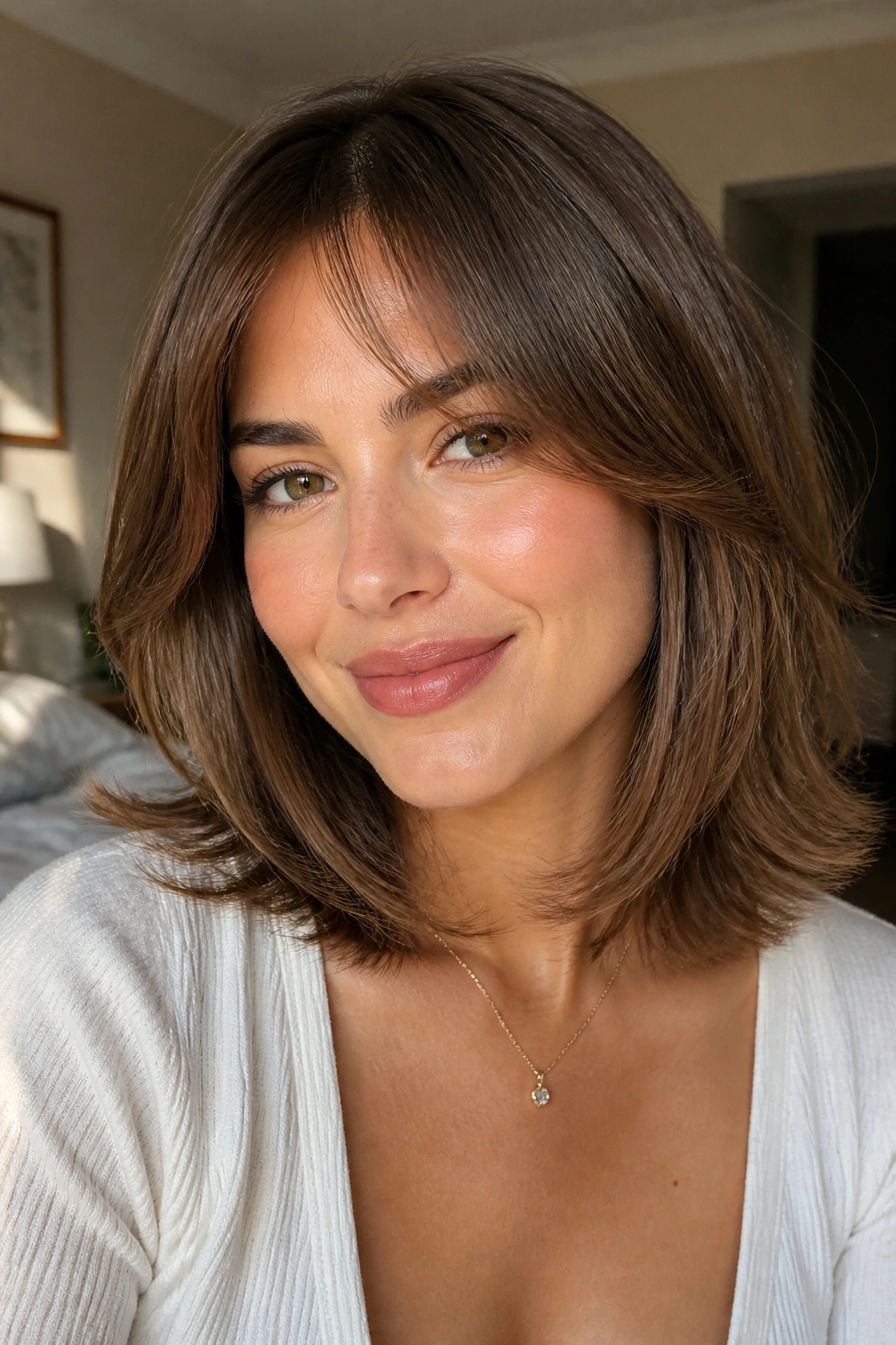 Close-up of a real woman with layered curtain-fringe hairstyle in warm window light