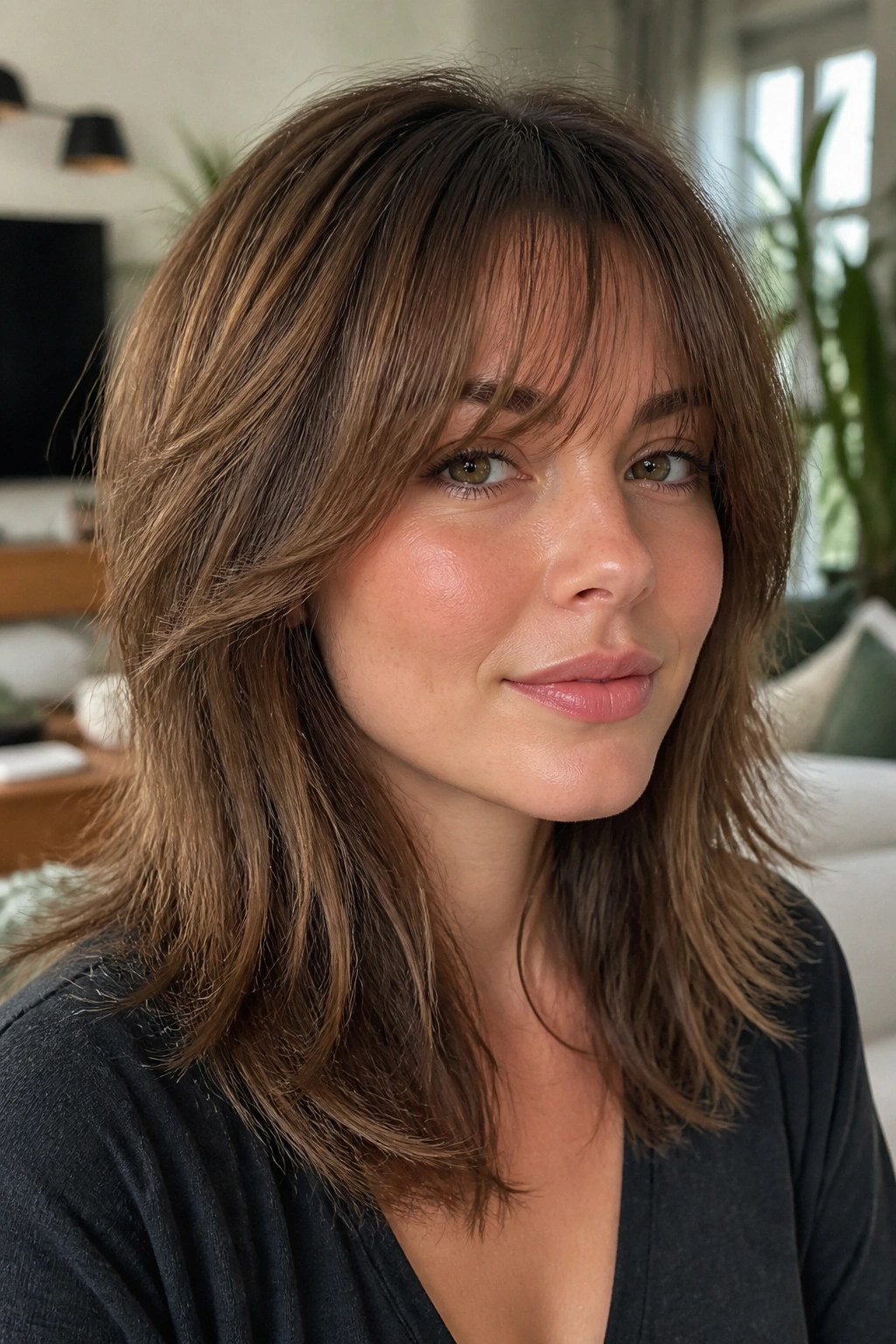 Real woman with layered fringe and hidden short pieces visible under the top layer