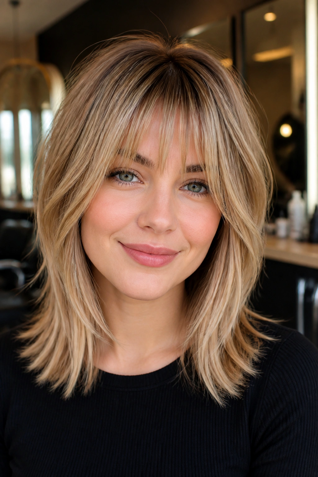 Real woman with layered fringe and face-framing highlights in medium blonde.