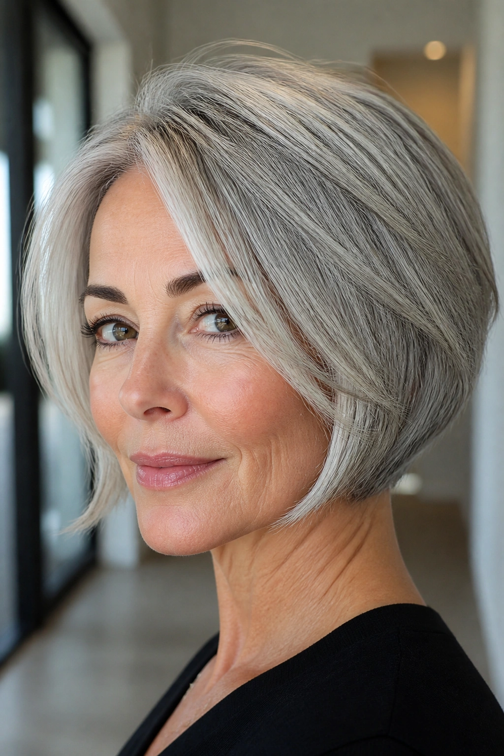 Real woman with layered gray bob and face-framing pieces in soft hallway light.