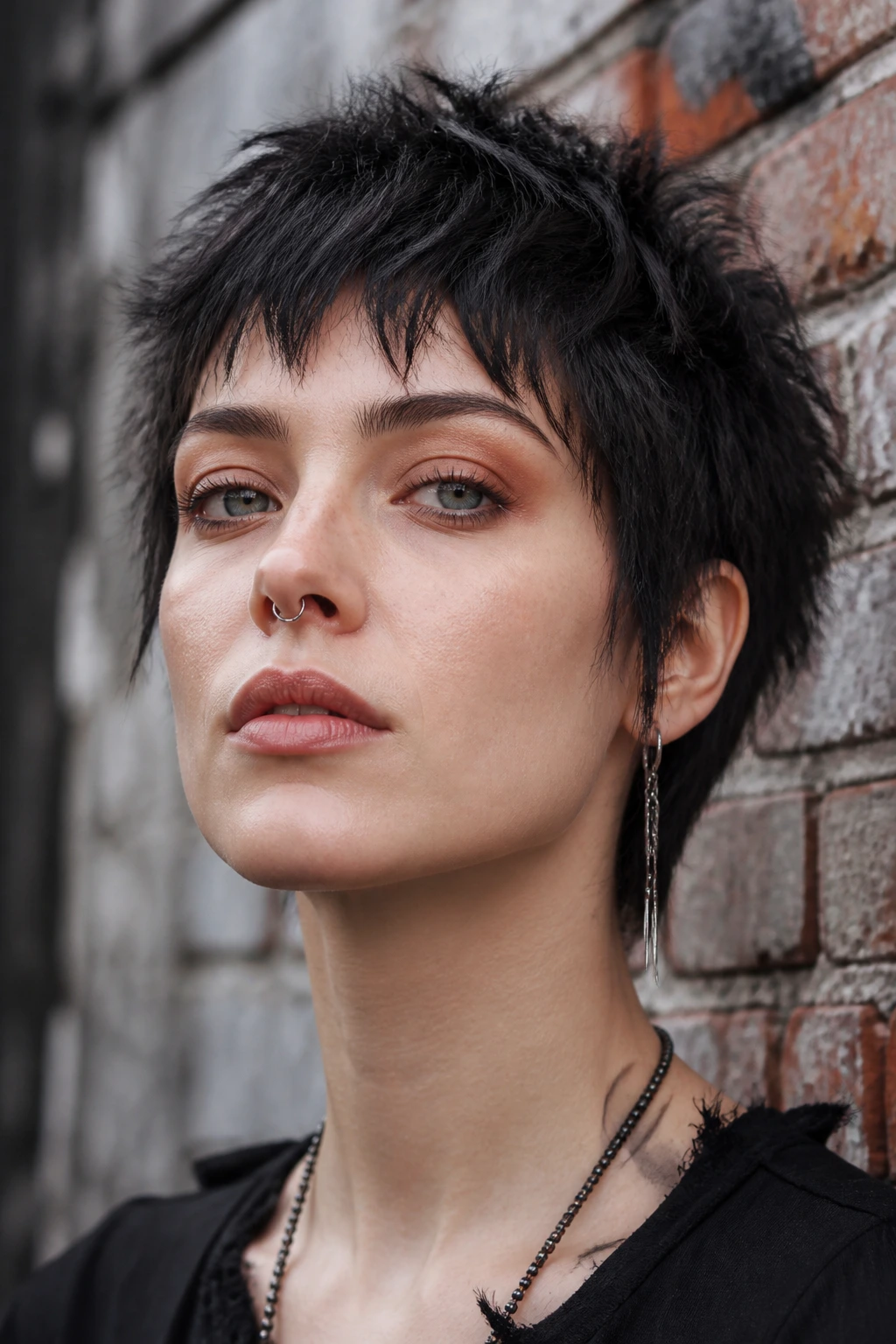 Close-up of Layered Grunge Crop on a real person with choppy matte layers, urban brick backdrop