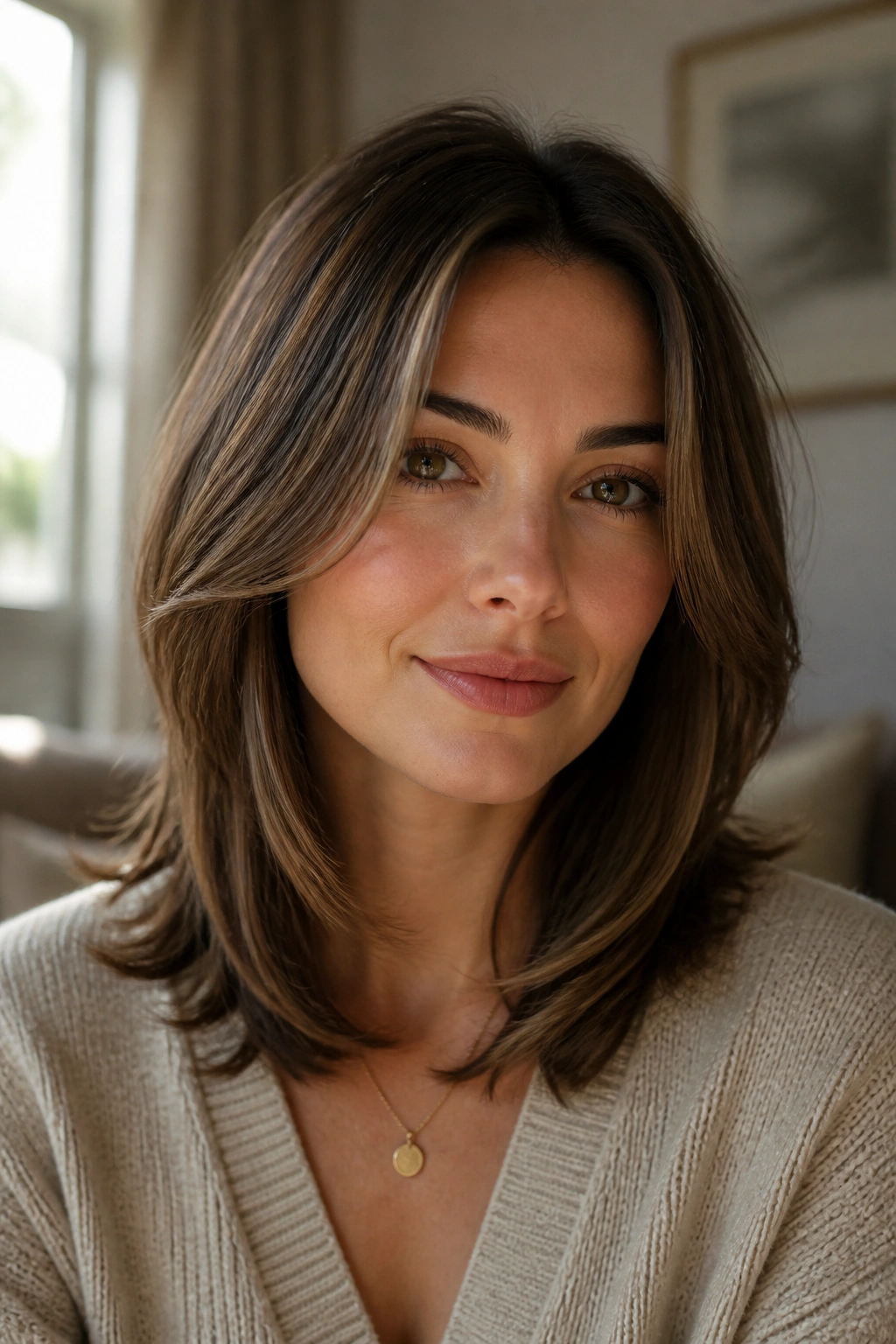 Close-up portrait of a real woman with a long, lean medium layered haircut for round faces