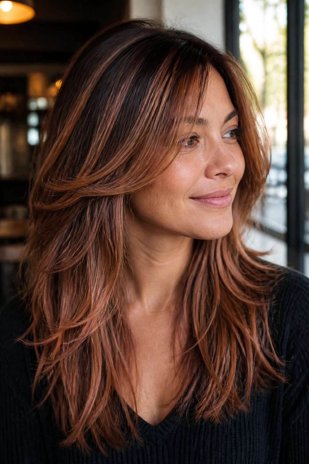 Portrait of layered haircut with scattered strawberry ribbons.
