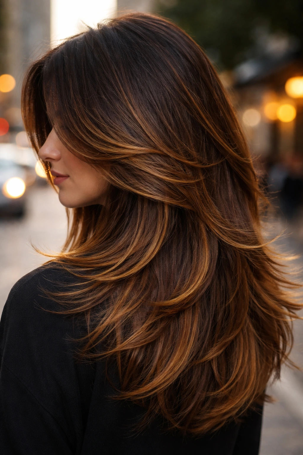 Portrait of a real person with layered honey pieces on hair tips