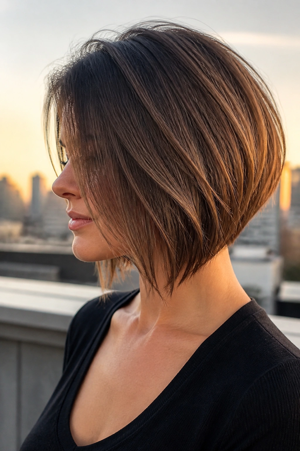 Close-up portrait of a real woman with Layered Inverted Bob With Airy Ends, diagonal line and airy ends.