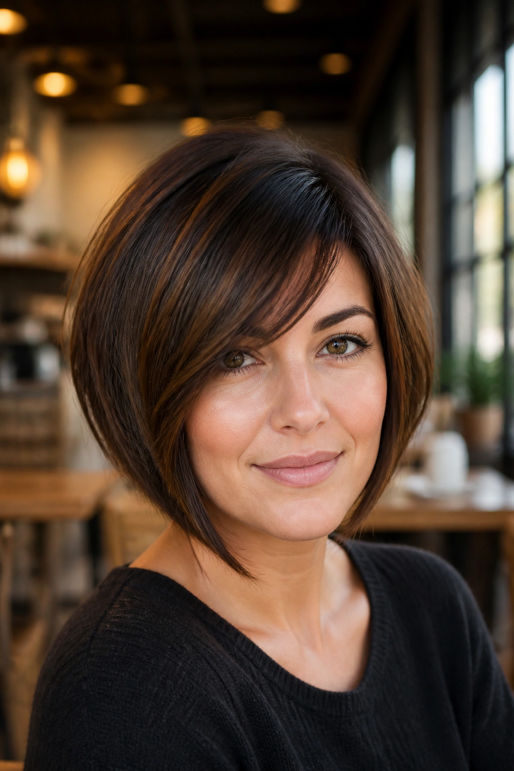 Close-up portrait of a real woman with layered inverted bob and side-swept bangs.
