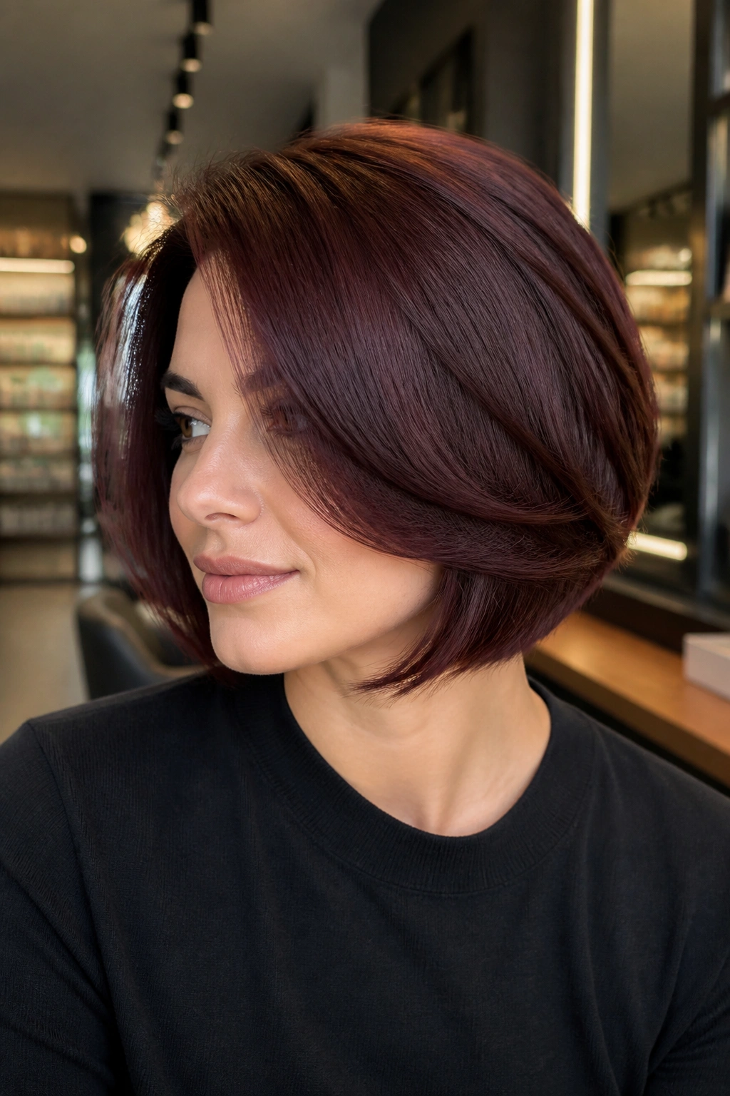 Close-up of a real woman with layered Italian burgundy bob