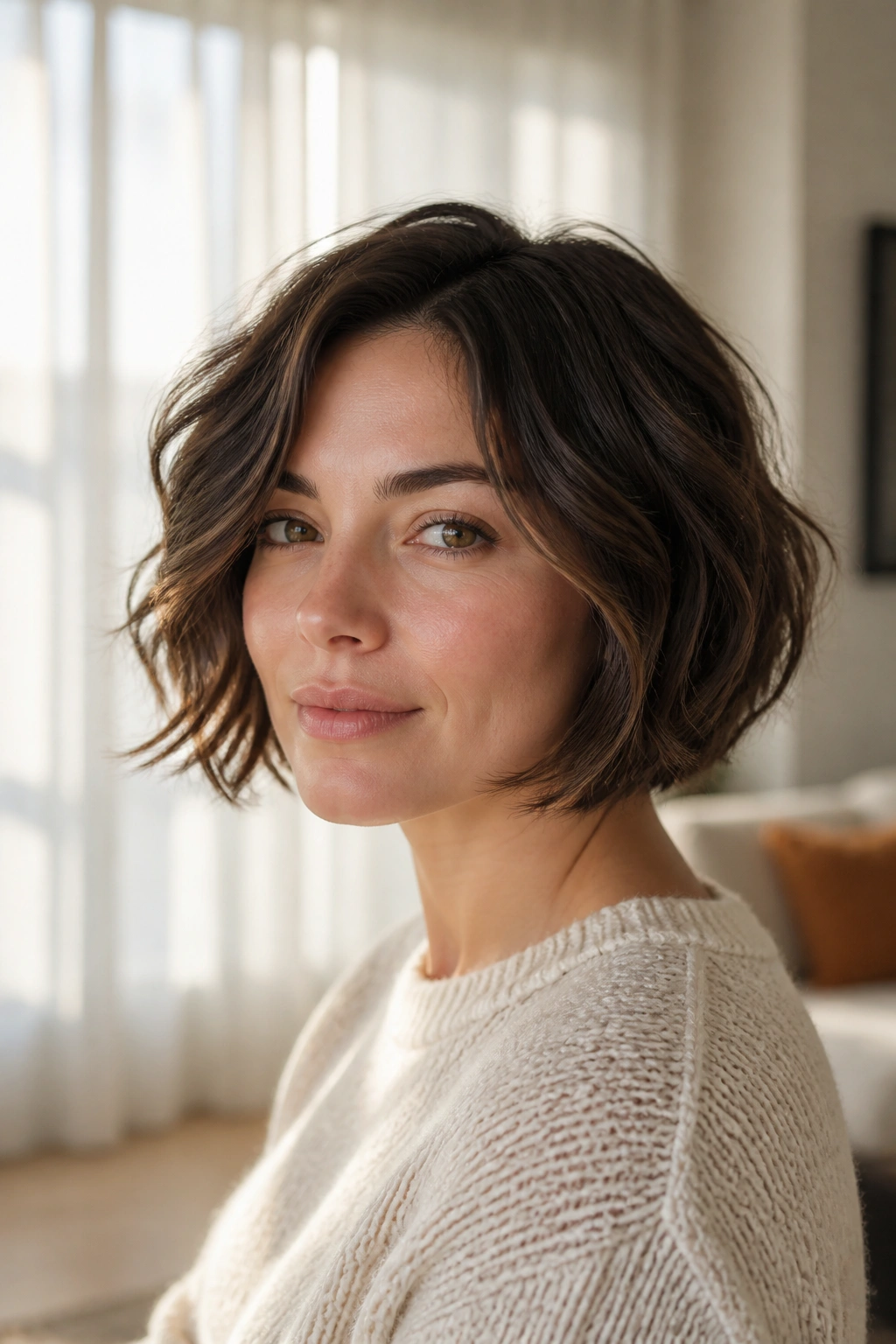 Medium close-up of a woman with layered jaw-length bob and soft waves in a sunlit room