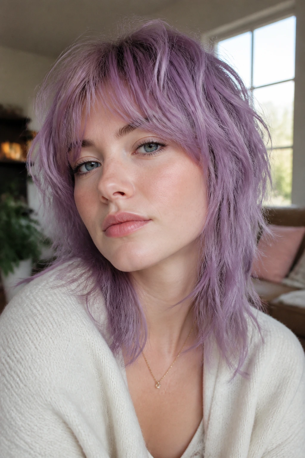 Close-up of a real woman with layered lilac shag hairstyle in a sunlit living room