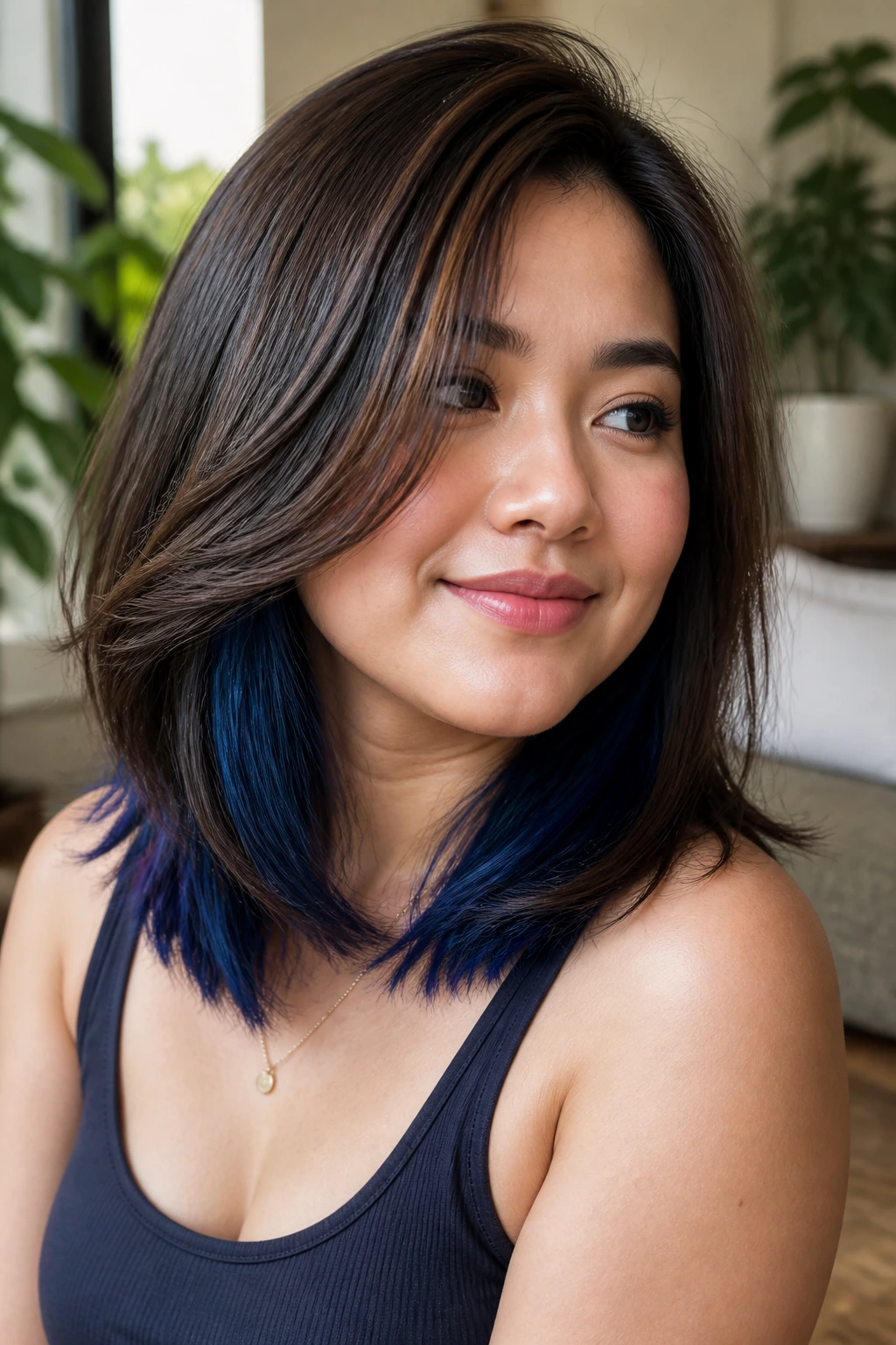 Close-up portrait of layered lob showing hidden blue underlayer peeking at shoulders