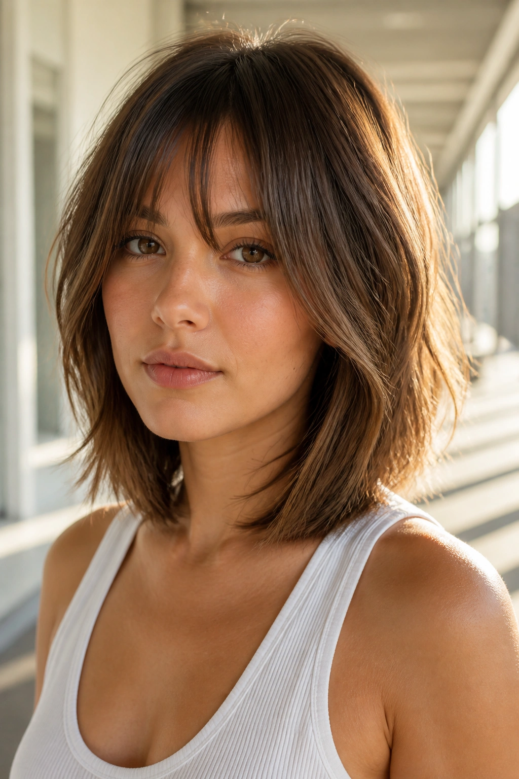Close-up portrait of a real woman with layered lob and bottleneck bangs opening around the cheeks