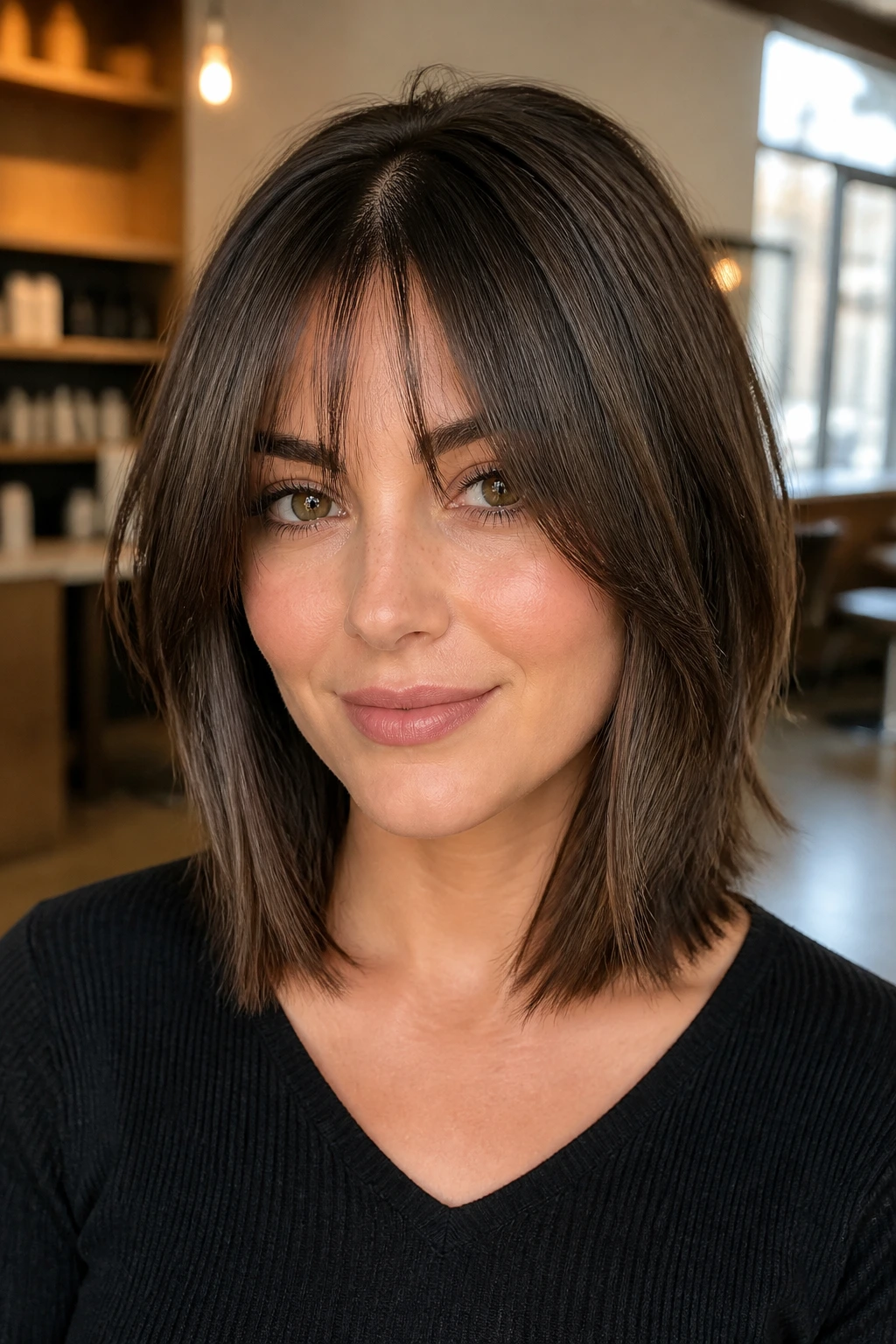 Close-up of a woman with layered lob and bottleneck fringe, showcasing vertical fringe lines.