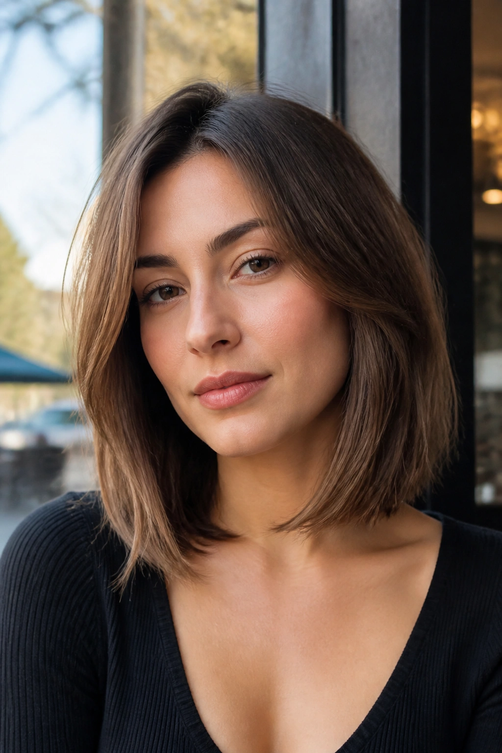 Close-up portrait of a real person with a layered lob at collarbone length.