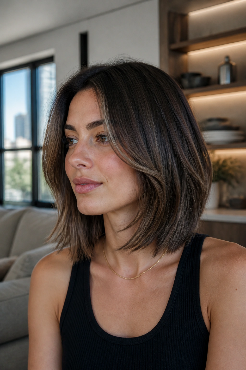 Portrait of a woman with a layered lob and cheekbone-level face-framing layers.