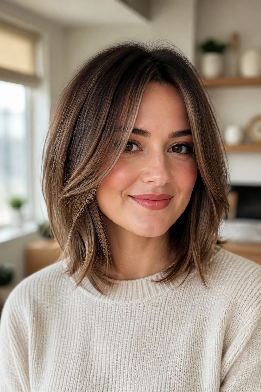 Close-up of a real woman with a layered lob and face-framing pieces
