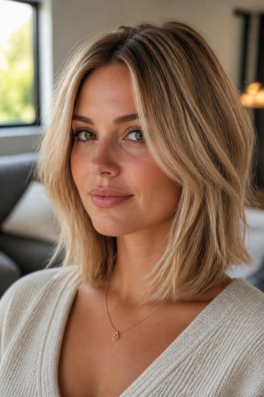 Portrait of a woman with layered lob and face-framing pieces in buttery blonde