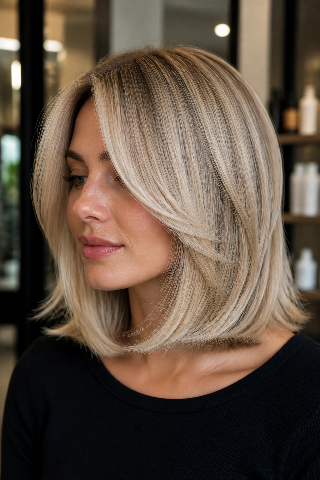 Close-up portrait of a real woman with layered lob showing hidden internal movement in blonde hair