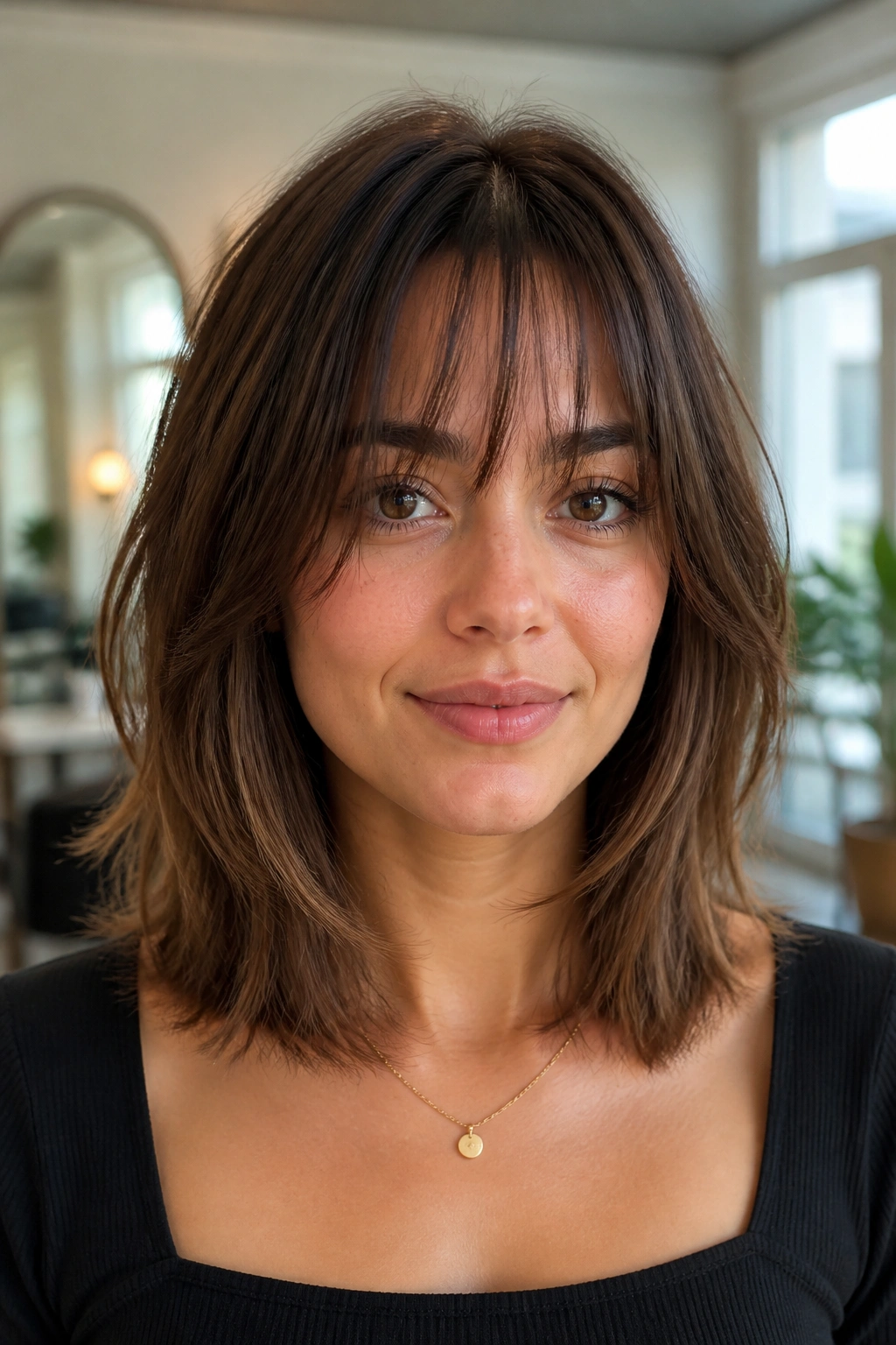 Close-up portrait of a real person with layered lob and soft fringe