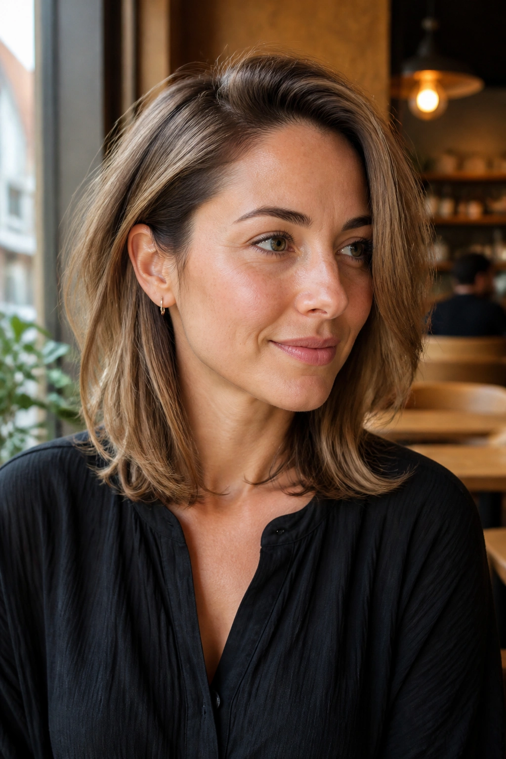 Real woman with layered lob tucked behind the ear showing volume