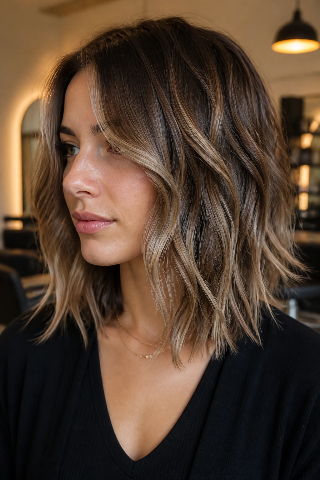 Close-up of a real woman with layered lob and piecey ends in a warm salon setting