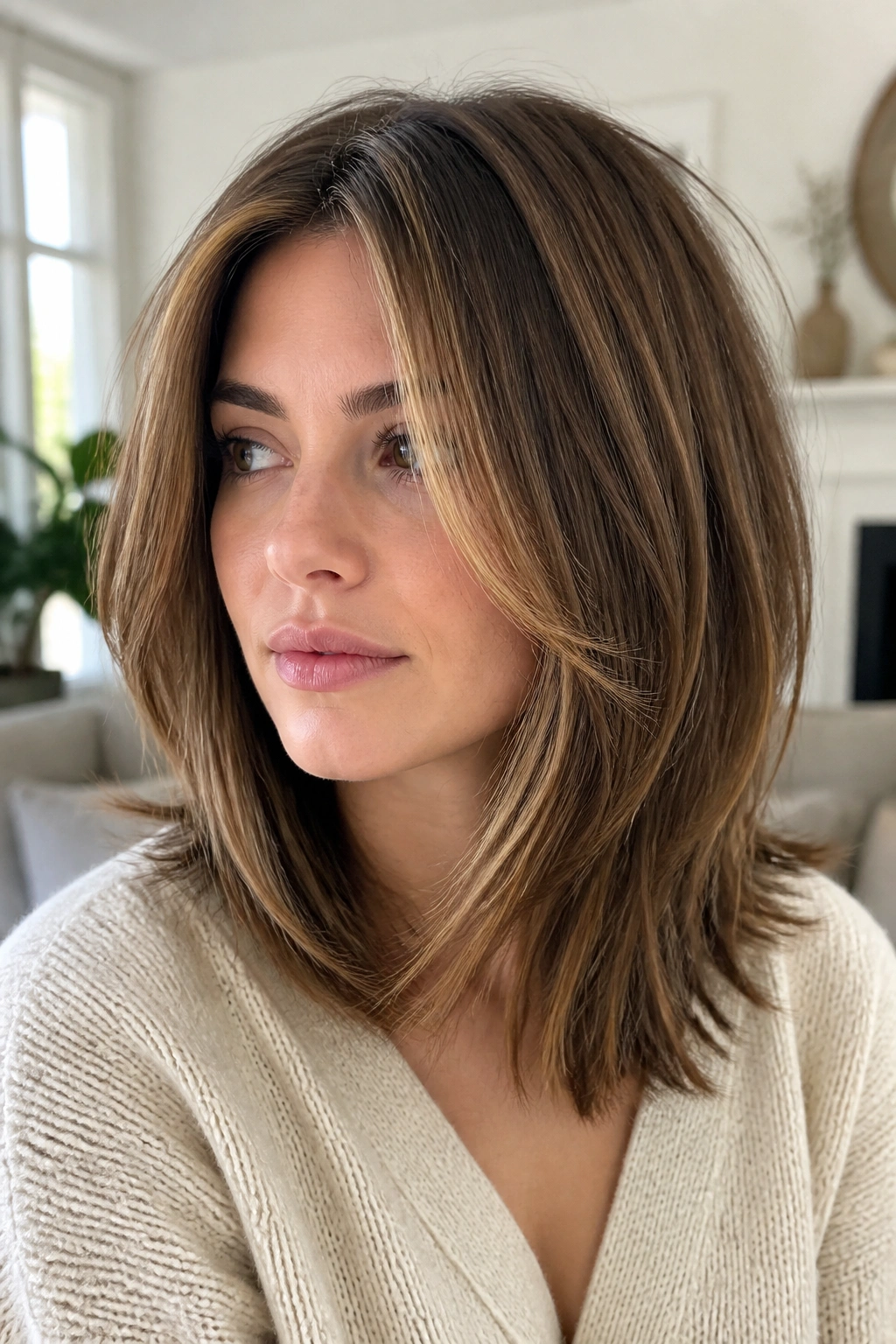 Medium close-up of a real woman with layered lob and chin-length face-framing pieces