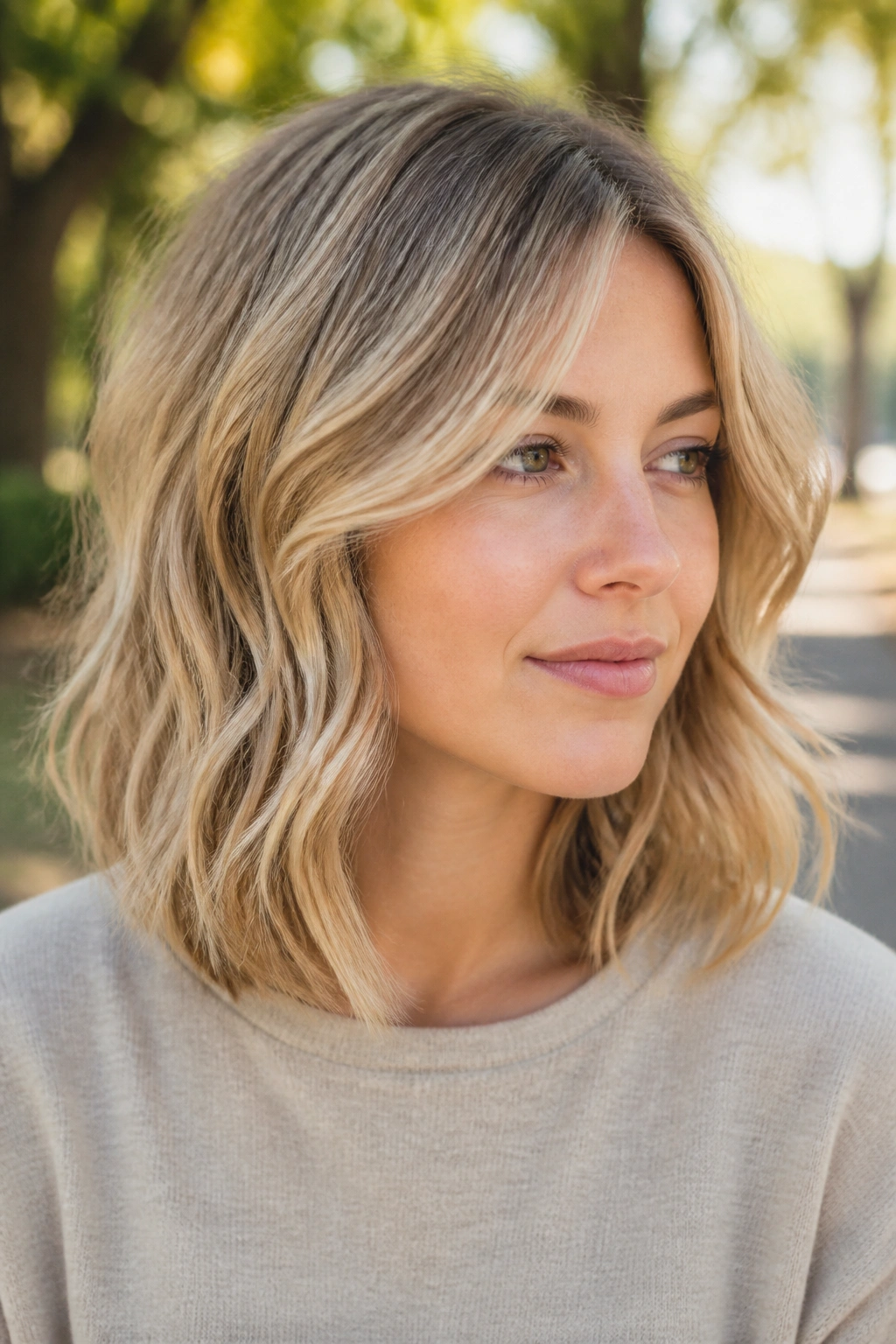 Real woman with layered sandy blond lob and loose waves in park setting