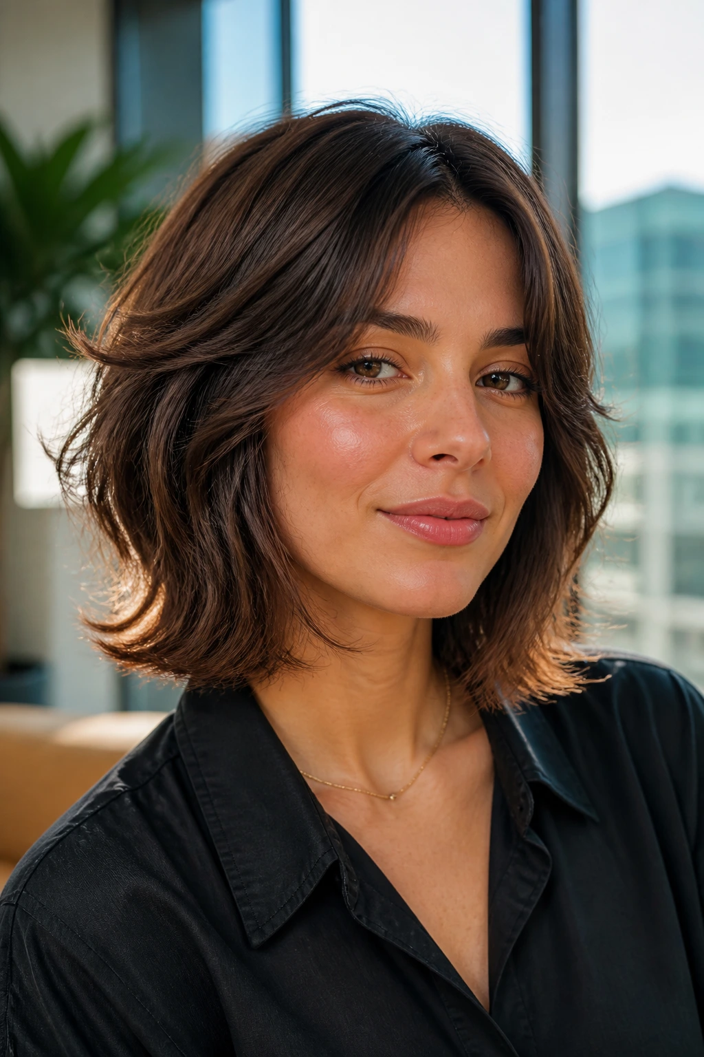 Close-up portrait of a real woman with layered lob shag and flipped-out ends at chin-to-collarbone length.