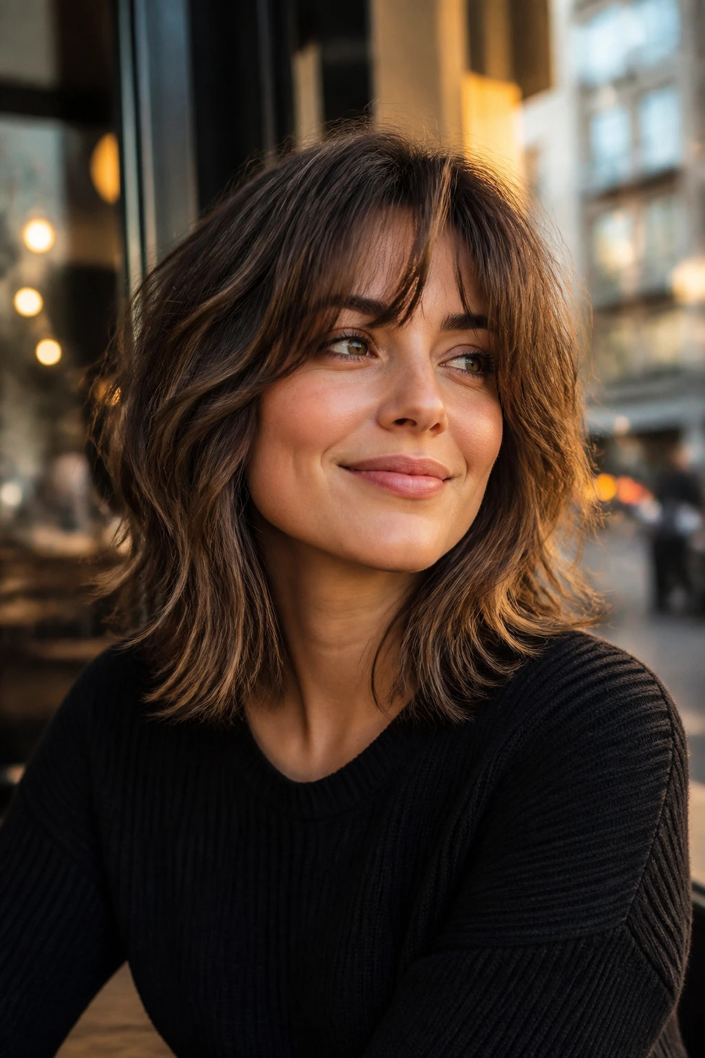 Portrait of a woman with layered lob-shag hybrid in golden hour light