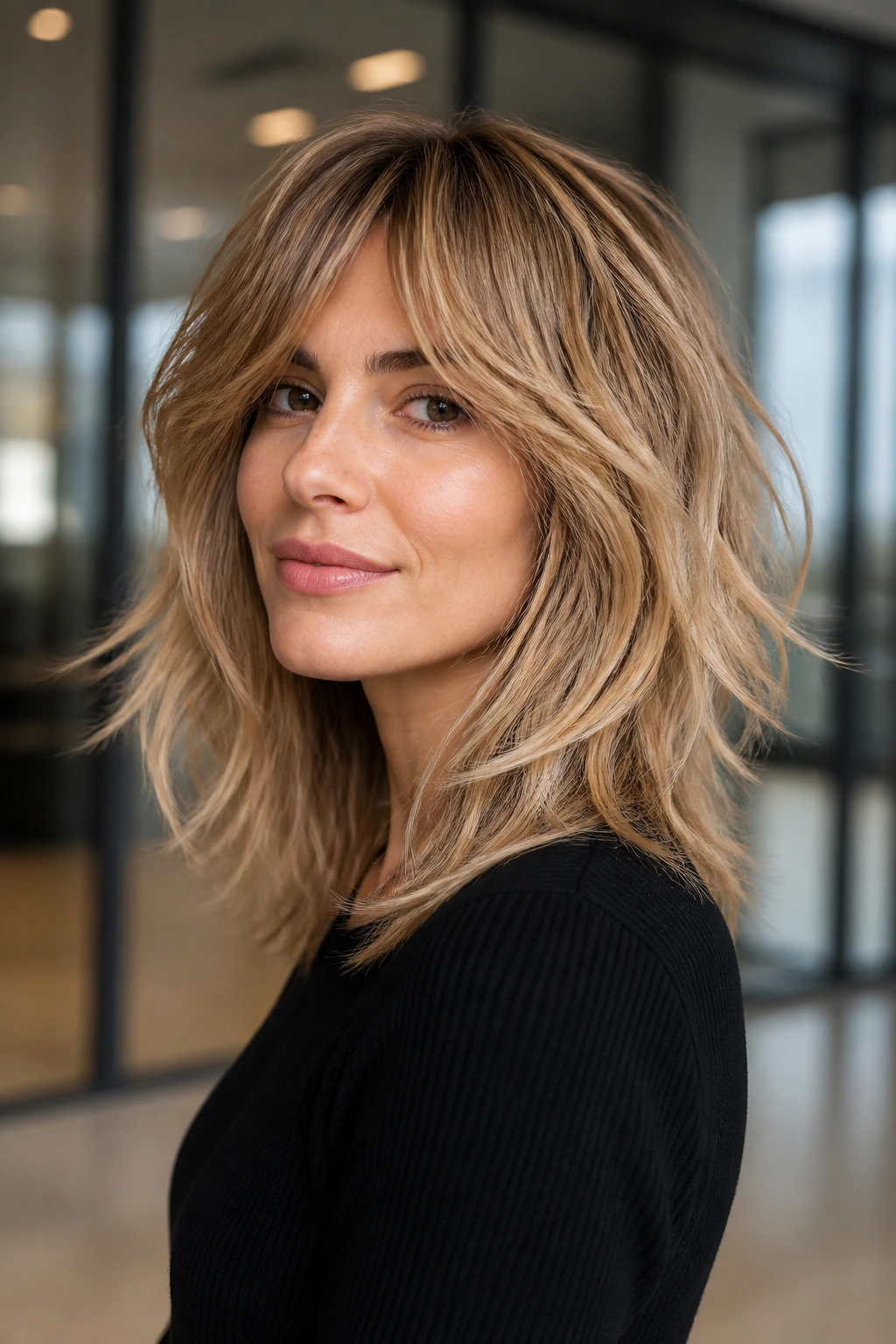 Medium close-up portrait of a woman with layered lob shag