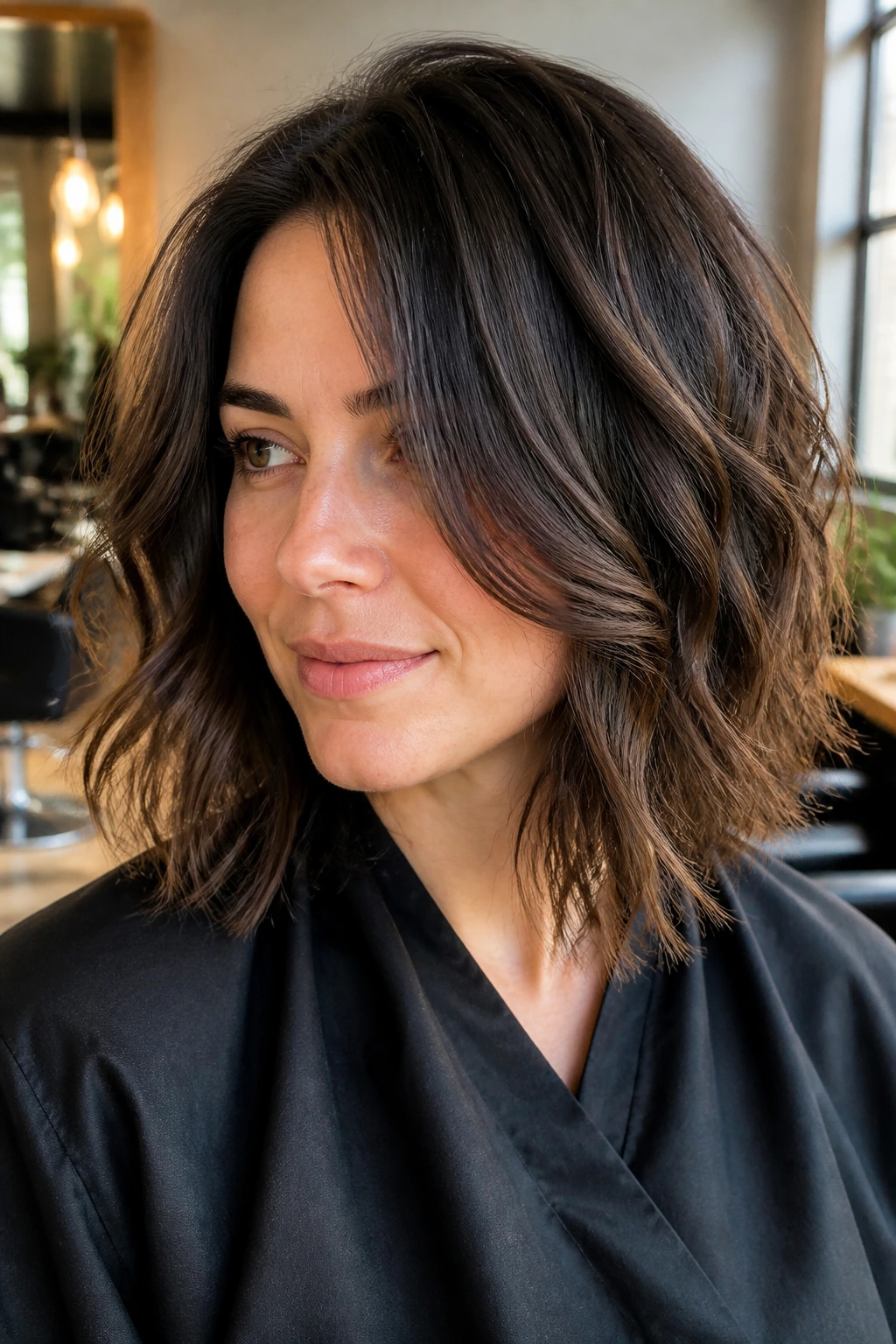 Close-up of a real person with layered lob for thick hair, showing weight removal and soft movement