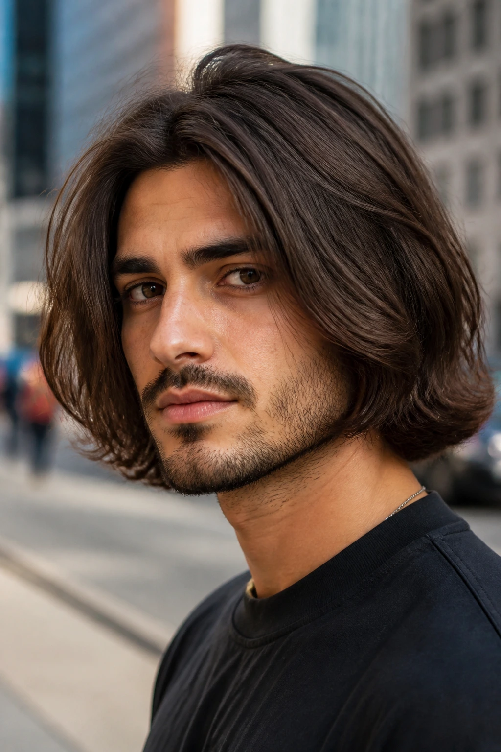 Close-up portrait of a man with layered lob for thick hair