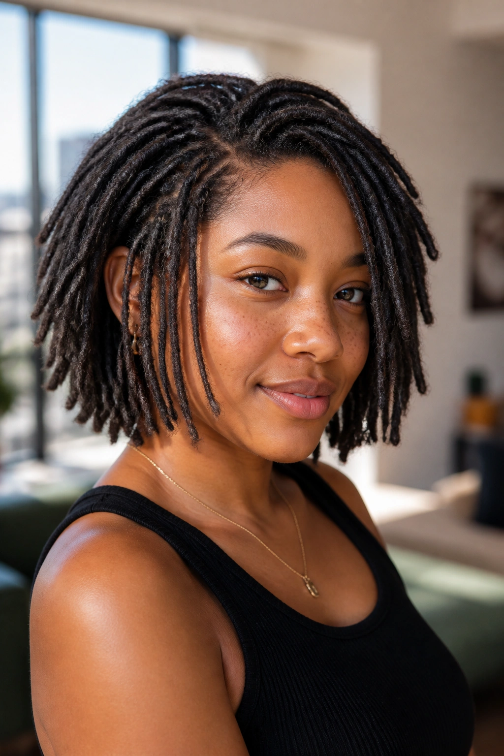 Close-up portrait of a real person with layered chin-length loc bob in bright indoor daylight