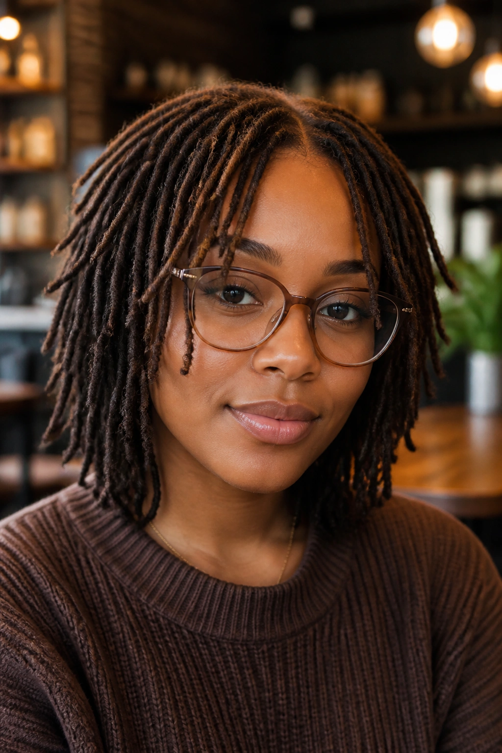Close-up of layered locs with face-framing pieces and glasses on a real person.