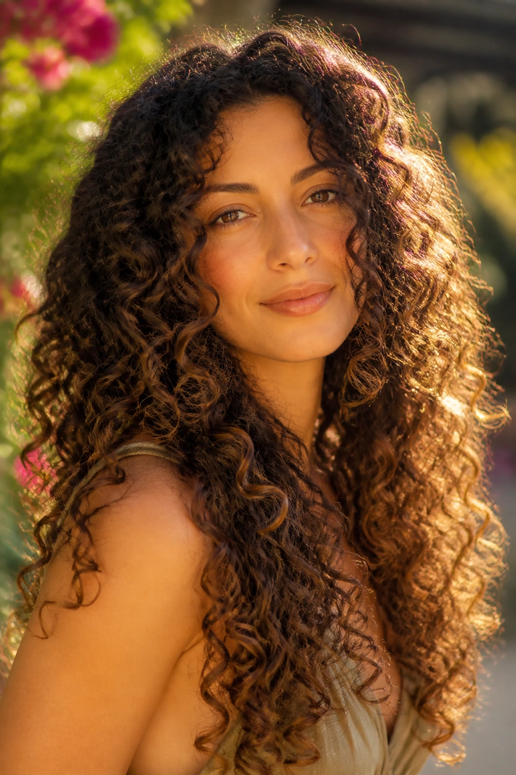 Real woman with layered long curls and ringlets framing face