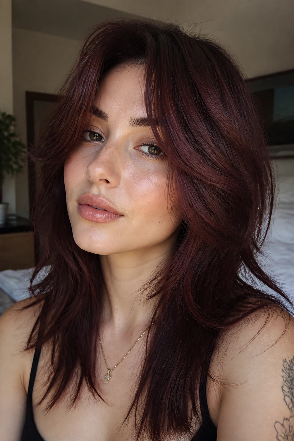 Close-up of a real woman with layered mahogany wolf cut featuring volume and shaggy ends