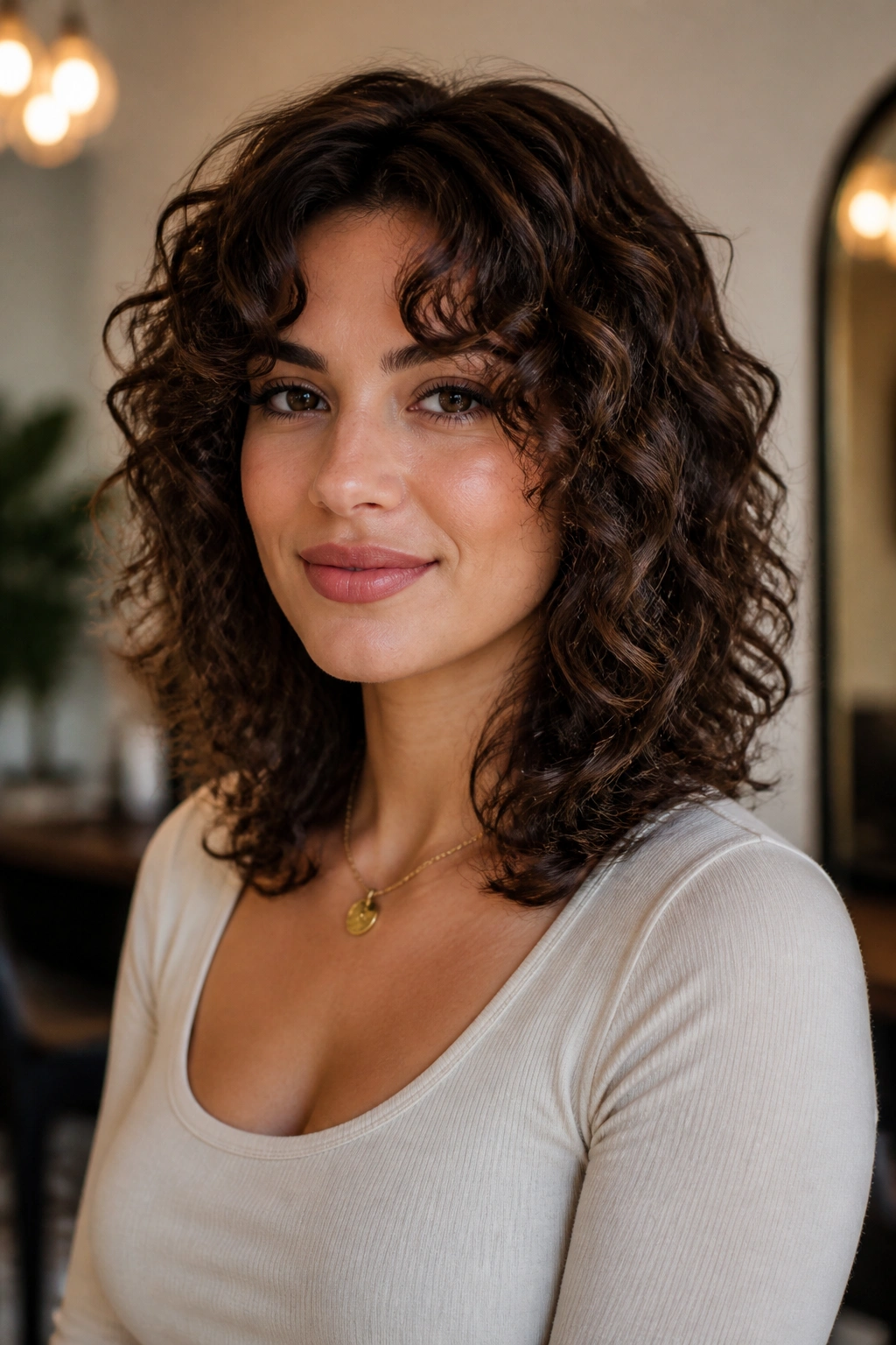 Close-up of layered mid-length curls with tapered ends on a real person